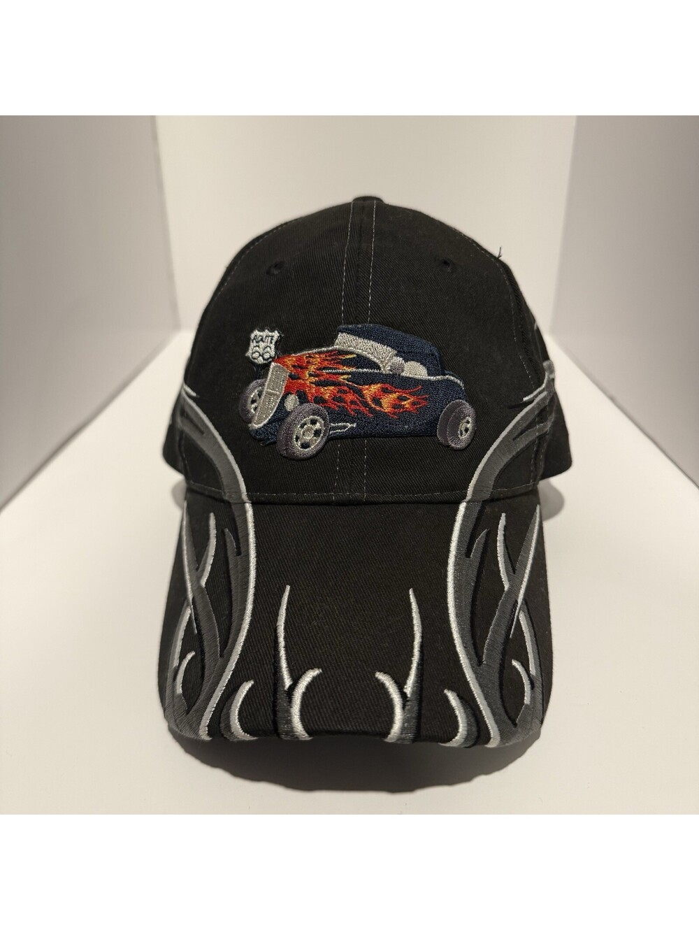 Vintage Route 66 Hot Rod Hat AG Genuine Black Silver Tribal Flames Strapback Men